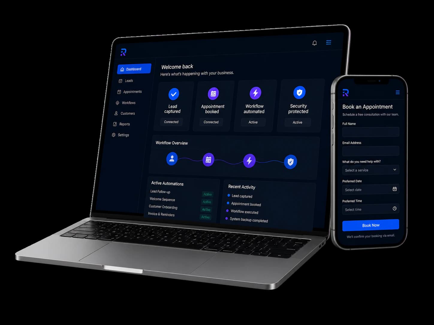 Laptop and phone showing a connected Ronit Soft business dashboard and appointment booking interface